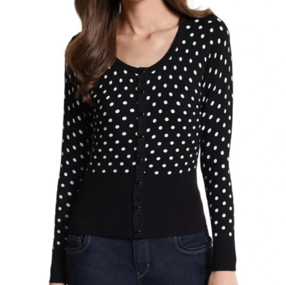 White House Black Market Cardigan Sweater Snap Polka Dot Office Preppy Fall XS